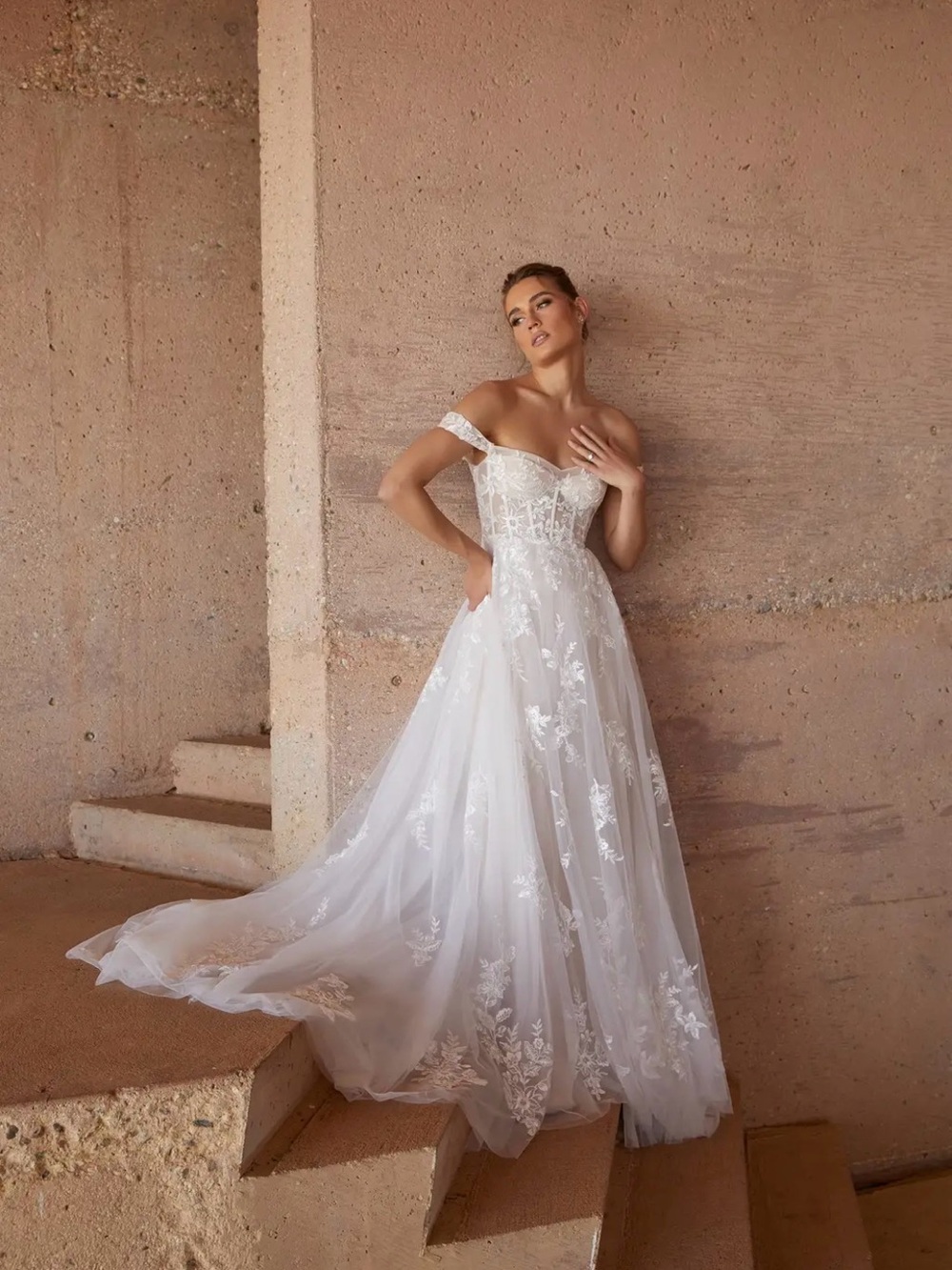 Azazie White Off-Shoulder Lace A-Line Wedding Dress